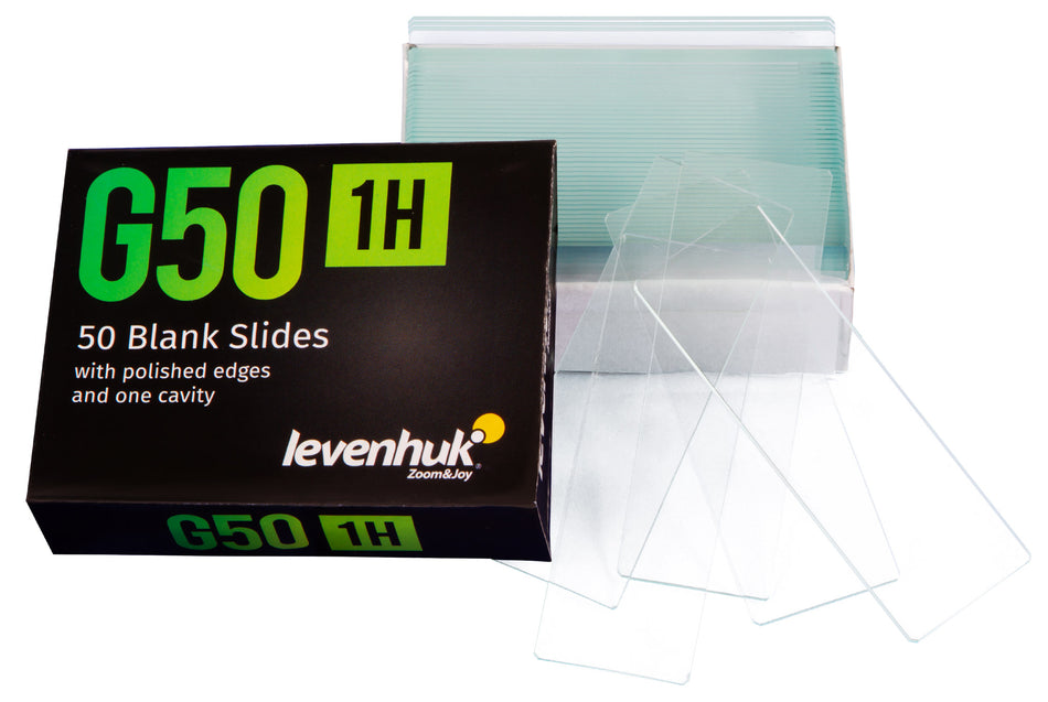 Portaobjetos vacíos de una cavidad Levenhuk G50 1H, 50 unidades